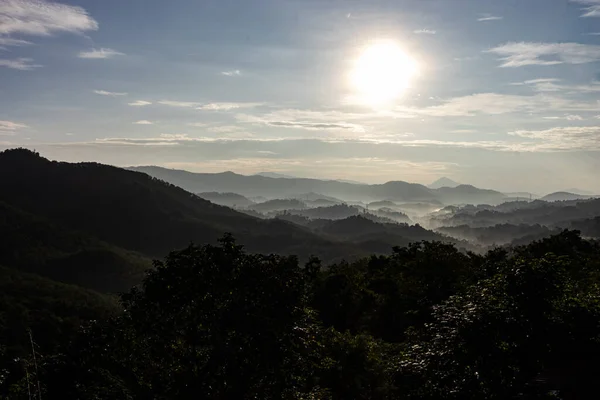 Complex Mountains Morning Fog Warm Sunlight — Photo