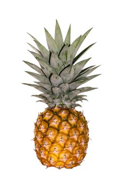 Pineapple isolated from background, ripe fruit is yellow, close-up, white backdrop