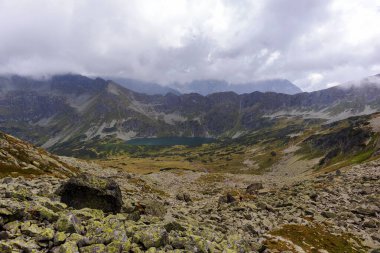 Polonya Tatarları 'nda kayalık yürüyüş yolu ve sarımsı yeşil çimlerle kaplı büyük gri-kahverengi dağlarla etkileyici bir manzara. 