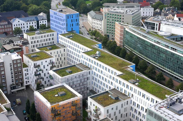 Tento Pohled Michaeliskirche Hamburku Ukazuje Moderní Domys Travnatými Střechami Zastřelen — Stock fotografie