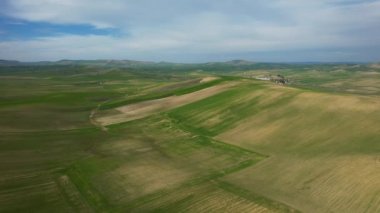 Green landscape with stunning fields filmed in the beautiful province of Basilicata in Southern Italy. These are the typical and famous Italian hills. A bit dryer than usual because of climate change.