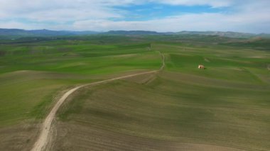 Green landscape with stunning fields filmed in the beautiful province of Basilicata in Southern Italy. These are the typical and famous Italian hills. A bit dryer than usual because of climate change.