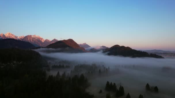 Aerial Video Foggy Sunrise Mountain Landscape Stunning Neuschwanstein Castle Hohenschwangau — Stockvideo