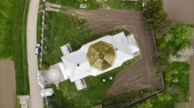 Top view of the church dome. Flip frame to 360, with a view from above. Church in the Ukrainian village. Nature around.