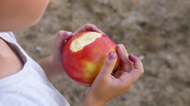 Ugryzione Jabłko Jego Ręce Chłopiec Jabłkiem Chłopiec Jabłkiem Letnia Pogoda — Wideo stockowe