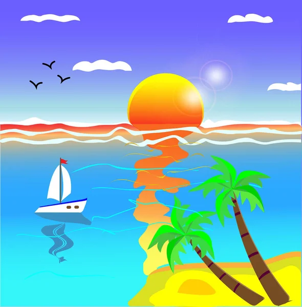 Sunset Sea Evening Sunset Beach Vector Illustration — Vetor de Stock