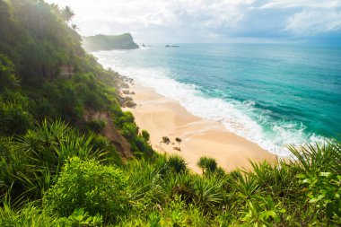 Bu güzel sahil hala çok doğal ve temiz. Beyaz kum ve yüksek uçurumlarla kaplı ve arkasında mavi deniz ve bulutlarla birleşmiş bir sürü bitki var. Pacitan, Endonezya 'da.