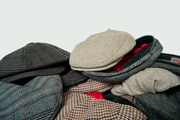 Pile Classic Newsboy Hats Scaly Hats Made Tweed Fabric Various — Stock fotografie