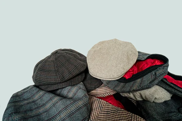 Concept Photo Pile Classic Newsboy Style Hats Flat Hats Scally — Stock fotografie