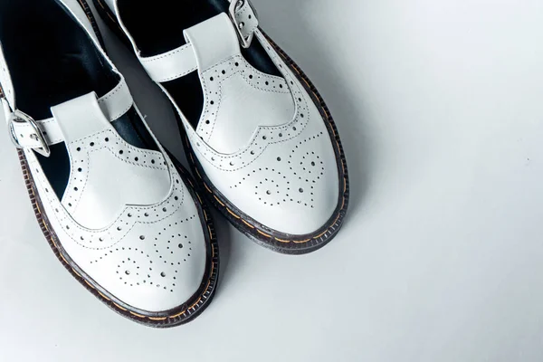 White Mary Jane Shoes Wingtip Pattern Rubber Sole White Background ストック写真