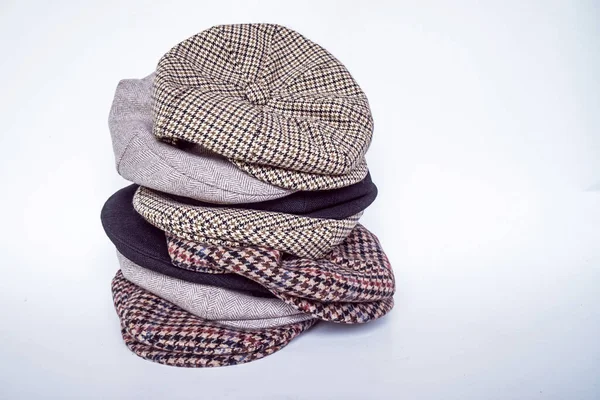 Pile Classic Newsboy Hats Scaly Hats Made Tweed Fabric Various — Stock Photo, Image