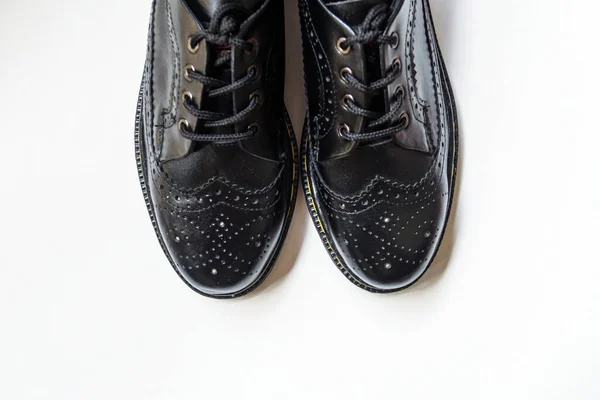 Full Black Brogue Wingtip Shoes Made Genuine Cowhide Detailed Pattern — Stock Photo, Image