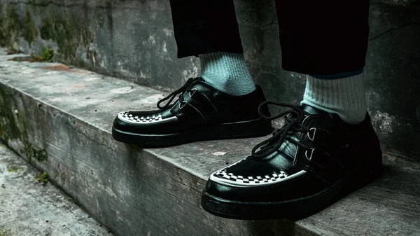 Black Creepers Black White Weave Made Leather Black Sole Elegant — Stok fotoğraf