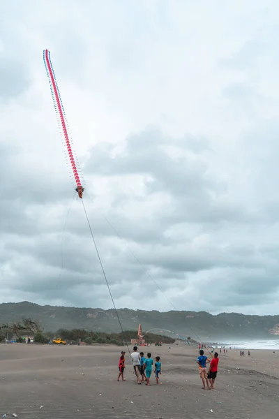 Dragon Kites Fly Sky Parangtritis Beach Yogyakarta Indonesia Evening Sun — 스톡 사진