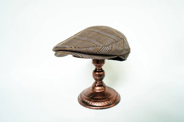 Detail Scally Cap Flat Cap Dark Brown Pattern Herringbone Tweed — Φωτογραφία Αρχείου