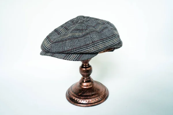Detail Classic Eight Panel Newsboy Hat Dark Grey Pattern Herringbone — стоковое фото