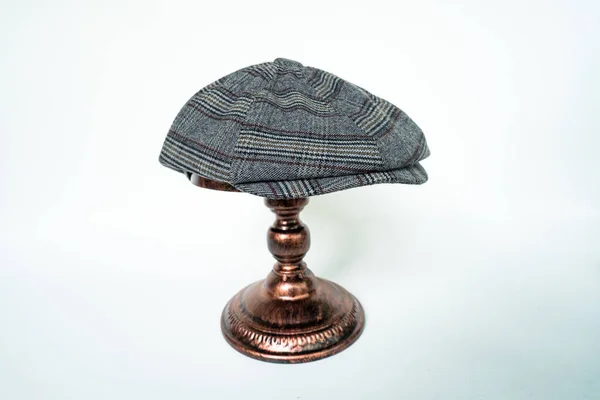 Detail Classic Eight Panel Newsboy Hat Dark Grey Pattern Herringbone — Stock Photo, Image