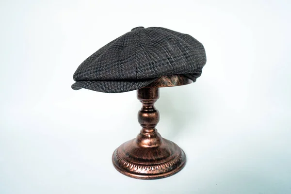Detail Classic Eight Panel Newsboy Hat Black Base Herringbone Wool — Fotografia de Stock