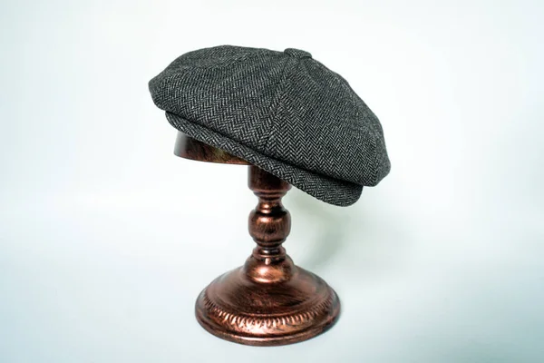 Detail Classic Eight Panel Newsboy Hat Black Base Herringbone Wool — Foto Stock