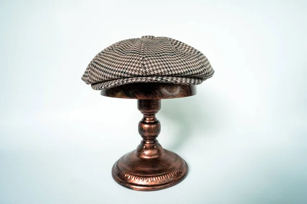 Detail Classic Eight Panel Newsboy Hat Dark Brown Herringbone Tweed — Zdjęcie stockowe