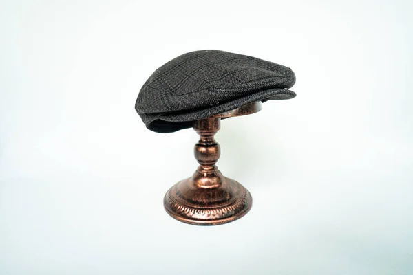 Detail Scally Flat Cap Midnight Dark Black Herringbone Tweed Fabric — Fotografia de Stock