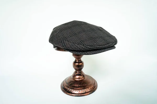 Detail Scally Flat Cap Midnight Dark Black Herringbone Tweed Fabric — Zdjęcie stockowe