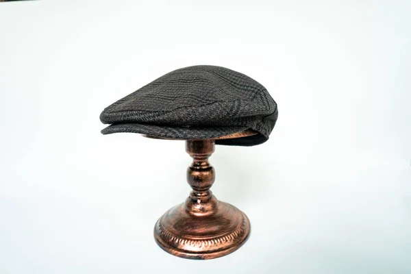 Detail Scally Flat Cap Midnight Dark Black Herringbone Tweed Fabric — Foto Stock