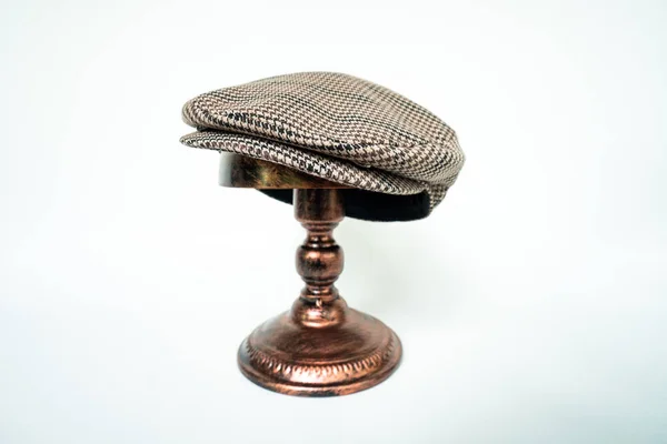 Detail Scally Cap Flat Cap Dark Brown Pattern Herringbone Tweed — Stok fotoğraf