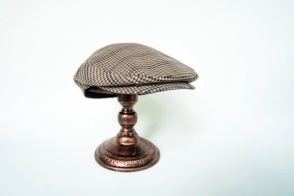 Detail Scally Cap Flat Cap Dark Brown Pattern Herringbone Tweed — Foto Stock