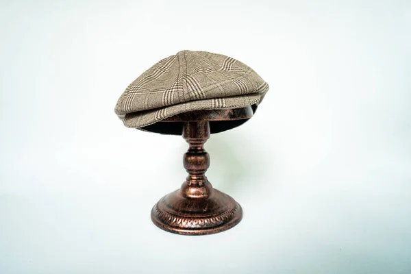 Detail Classic Eight Panel Newsboy Hat Dark Brown Herringbone Tweed — стоковое фото