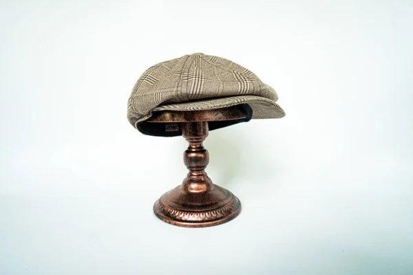 Detail Classic Eight Panel Newsboy Hat Dark Brown Herringbone Tweed — Stockfoto