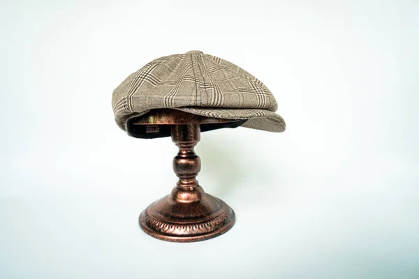 Detail Classic Eight Panel Newsboy Hat Dark Brown Herringbone Tweed — стоковое фото