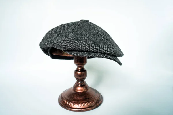 Detail Classic Eight Panel Newsboy Hat Black Base Herringbone Wool Immagine Stock