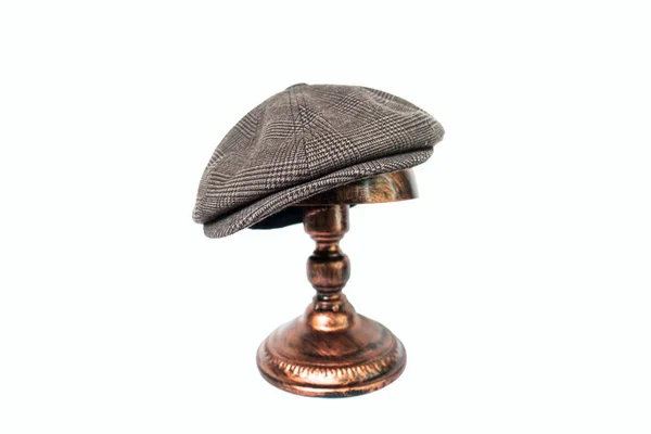 Detail Classic Eight Panel Newsboy Hat Dark Brown Herringbone Tweed — Fotografia de Stock