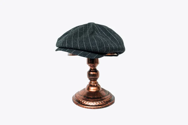 Detail Classic Eight Panel Newsboy Hat Black Base Herringbone Wool — Photo