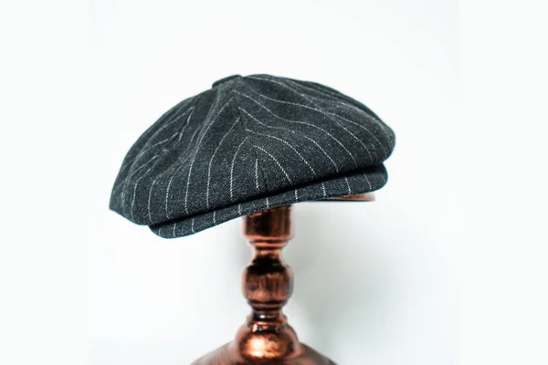 Detail Classic Eight Panel Newsboy Hat Black Base Herringbone Wool — Stock fotografie
