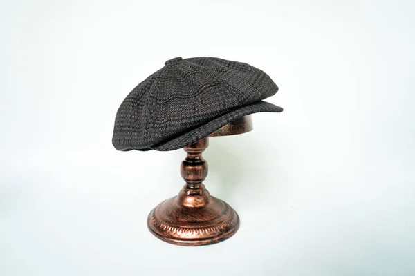 Detail Classic Eight Panel Newsboy Hat Black Base Herringbone Wool — Zdjęcie stockowe