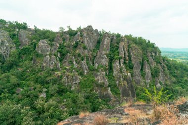 An amazing ancient stone hill that has existed hundreds of millions of years ago, this hill is dominated by ancient stone with green trees, which are still natural and beautiful, with views of rice fields in front and bright blue sky behind