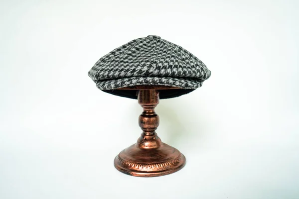Detail Classic Eight Panel Newsboy Hat Black White Pattern Herringbone — Stockfoto