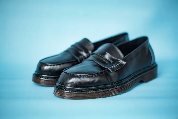 Detalhe Sapatos Borla Preto Cheio Com Solas Borracha Feitas Couro — Fotografia de Stock