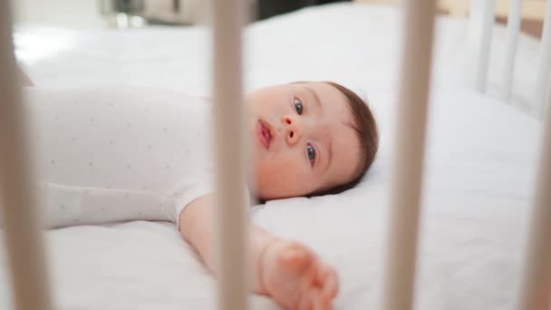 Baby Lying Crib Cute Newborn Baby Sleeping Crib Baby Lying — Stock Video