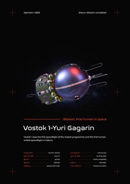 Vostok 1 uzay aracı 3D illüstrasyon posteri
