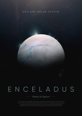 Satürn 'ün Enceladus uydusu. 3B illüstrasyon posteri.
