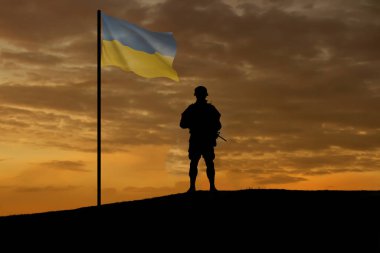 Ukrayna ordusunun devlet bayrağı taşıyan askeri. Savunma Günü için tebrik kartı, Anma Günü, Bağımsızlık Günü. Boşluğu kopyala.