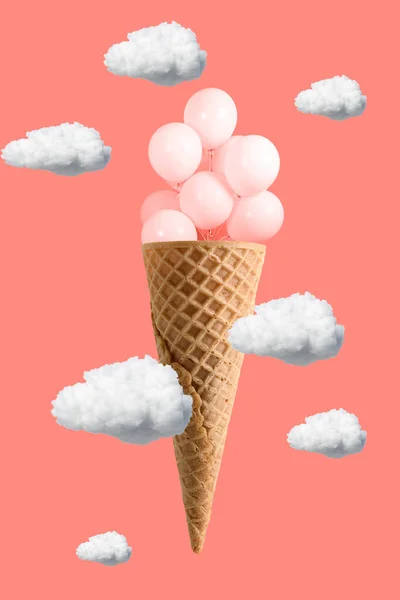 Rózsaszín Lufik Repülnek Egy Jégkrém Tölcsérből Rózsaszín Alapon Felhők Repülnek — Stock Fotó
