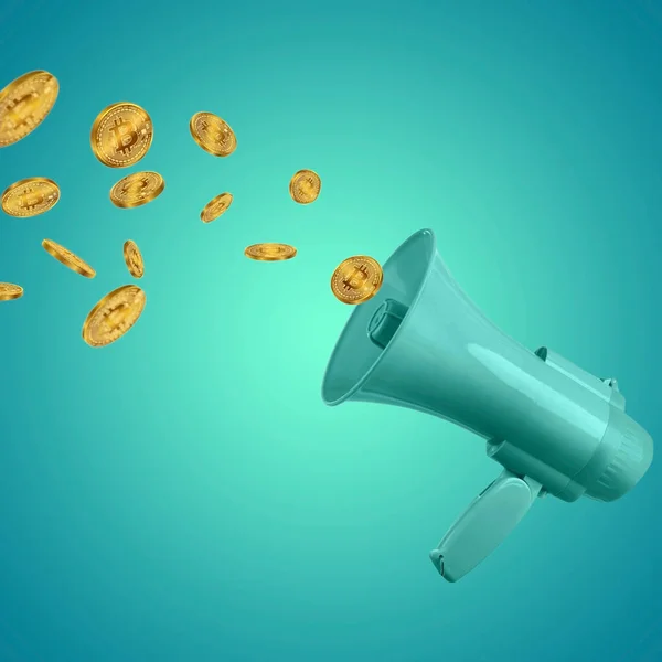 Bitcoin golden coins symbol flying out in the air with blue megaphone on light blue background. Creative cryptocurrency or blockchain concept. Stock Market, digital gold money. Floating megaphone.