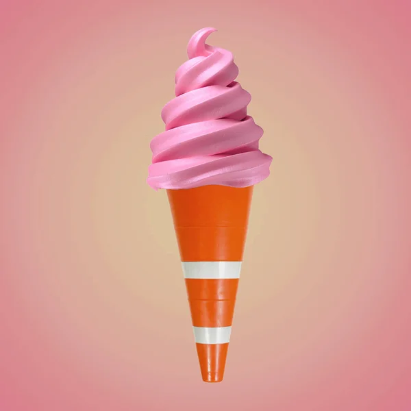 Rosafarbenes Himbeereis Einem Verkehrswarnkegel Kreative Idee Für Werbung Sommer Idee — Stockfoto