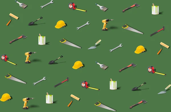 Trends Construction Tools Pattern Made Various Work Tools Green Background — Stock Photo, Image