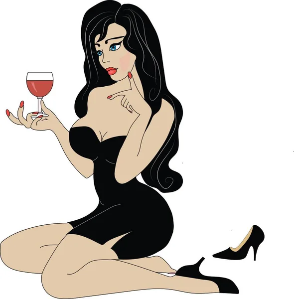 Bir Kadeh Şarap Ile Kız — Stok Vektör