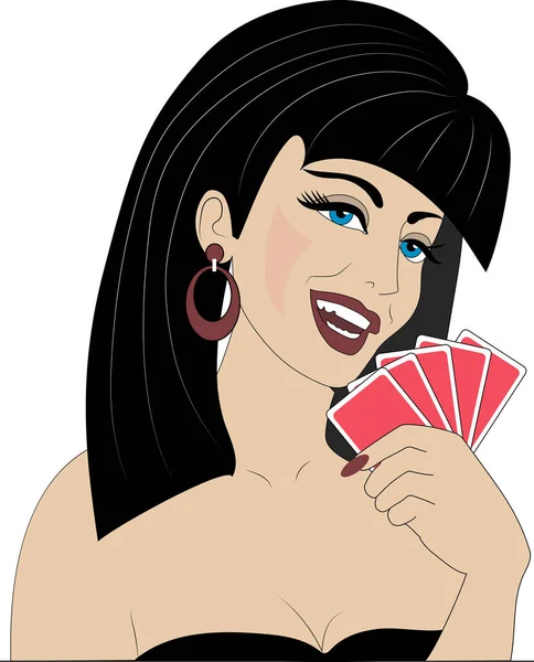 Beautiful Girl Charming Smile Holds Playing Cards Her Hands — Stok fotoğraf